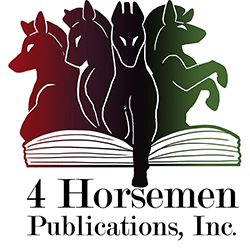 Four horses are seen climbing out of an open book, above the text "4 Horsemen Publications."