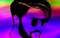 A black drawing of a bearded man's head wearing glasses over a rainbow background.