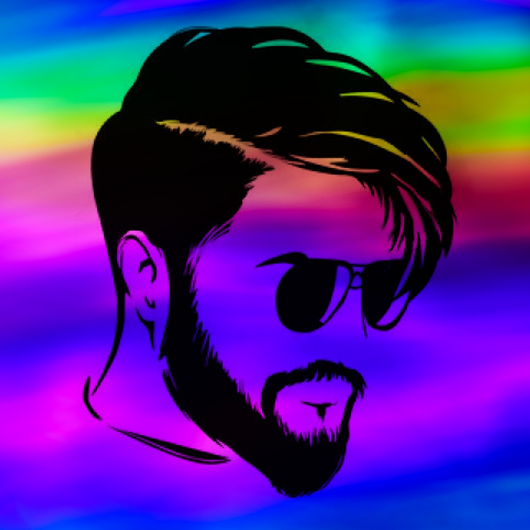 A black drawing of a bearded man's head wearing glasses over a rainbow background.