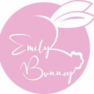 A pink circle with white bunny ears and the outline of a tale, and the text "Emilly Bunney."