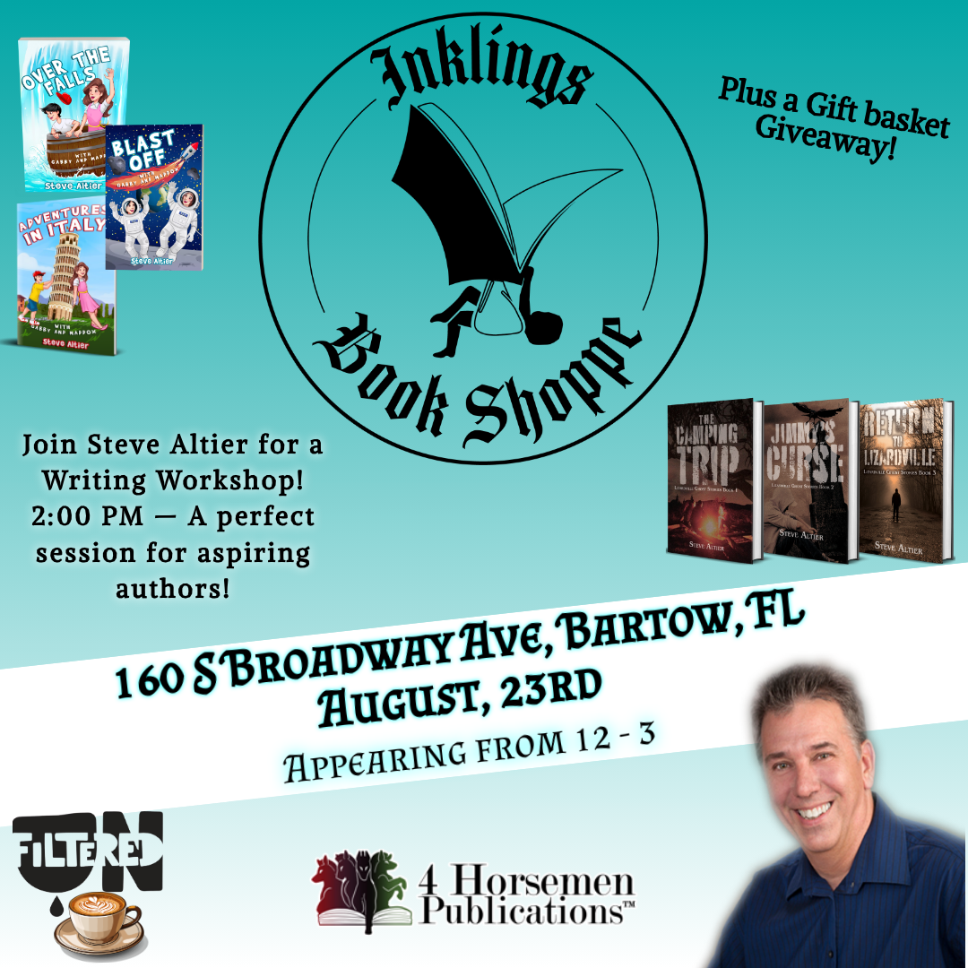 Photo of author and his books. Logo of bookshop. Appearance time from 12-3.